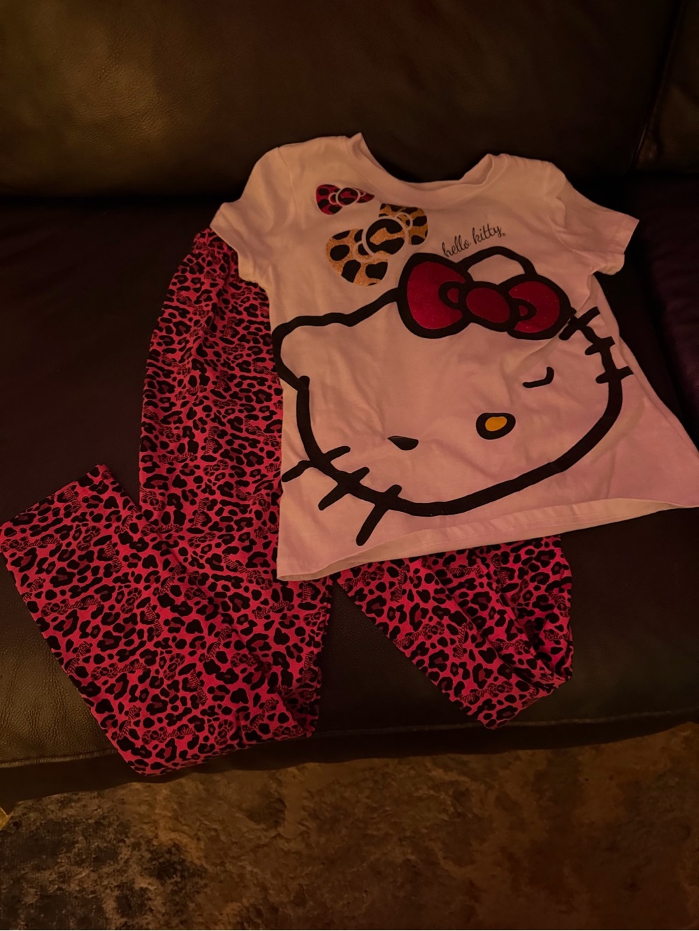 Hello Kitty Pink & Red Bow Leopard Print Kids Pajama Set
